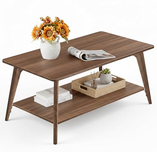 VASAGLE MAEZO Collection - Coffee Table, 2-Tier Center Table with Storage, Tapered Legs, Curved Transitions, 21.7 x 39.4 x 17.7 Inches, Easy to Assemble, for Living Room, Chestnut Brown ULCT249KX01S - color: Chestnut Brown