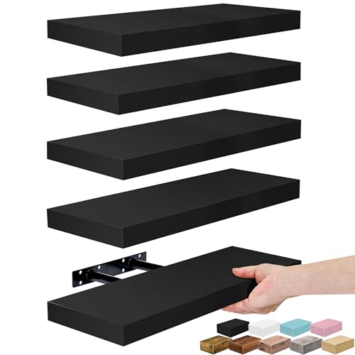Sorbus Floating Shelves for Wall – 16 Inch Floating Shelf for Kitchen, Bedroom, Living Room, Bathroom, Home & Wall Decor - Mounted Bathroom Shelves with Invisible Brackets (Black, 5 Pack) - color: Black, size: 5 Pack