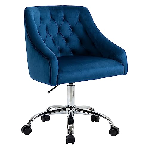 MOJAY Velvet Office Chair, Vanity Desk Chair with Wheels, Silver Base | Height Adjustable, 360° Swivel, Velvet Upholstery, Suitable for Girls, Home Office, Bedroom & Living Room - color: Blue