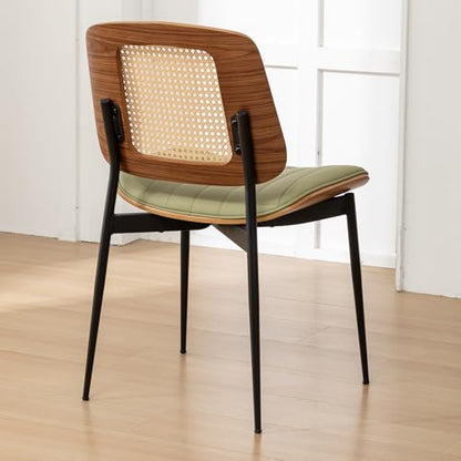 Rattan Dining Room Chairs Set of 4,Mid Century Modern Green PU Leather Kitchen Chair,Upholstered Seat Metal Legs Chairs with Adjustable Foot Pads,Walnut Armless Side Chairs - color: Green, size: Set of 2