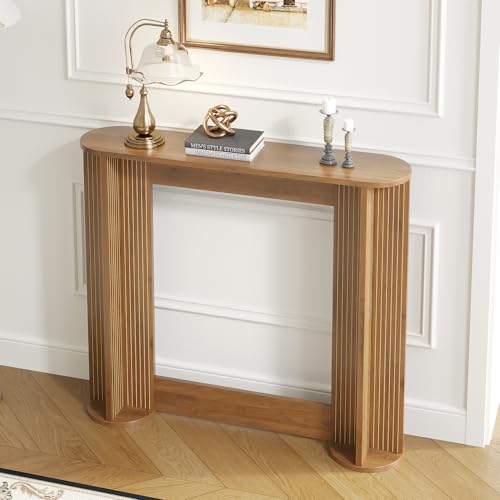 35 Inch Small Narrow Console Table Behind Couch, Mid-Century Modern Fluted Skinny Entryway Table, Slim Sofa Table for Hallway, Living Room, Wood, Brown, Walnut - color: Walnut-35 Inch