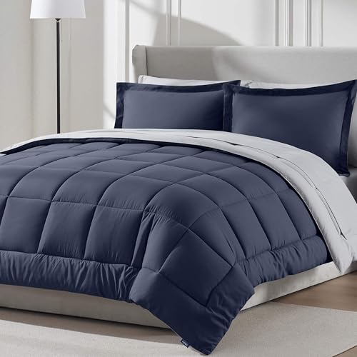 Nestl 7 Piece Full Comforter Set – Navy Reversible Bed in a Bag – Complete Full Size Bedding Set with Sheets, Pillowcases and Shams - color: Navy, size: Full