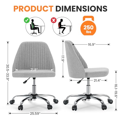 Simple Deluxe Armless Office Desk Chair, Modern Cute Swivel Vanity Chair Comfy Home Office Chairs with Wheels Height Adjustable Rolling Computer Task Stools for Living Room, Make-up, Bedroom, Grey - color: Grey