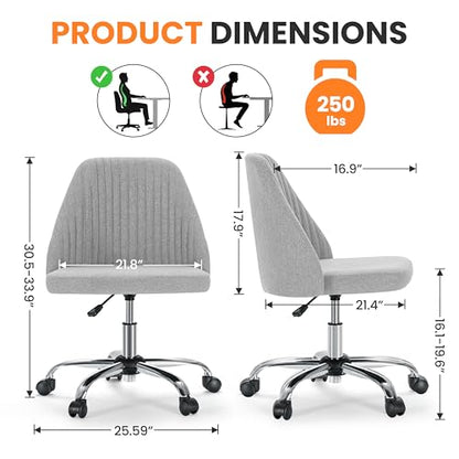 Simple Deluxe Armless Office Desk Chair, Modern Cute Swivel Vanity Chair Comfy Home Office Chairs with Wheels Height Adjustable Rolling Computer Task Stools for Living Room, Make-up, Bedroom, Grey - color: Grey