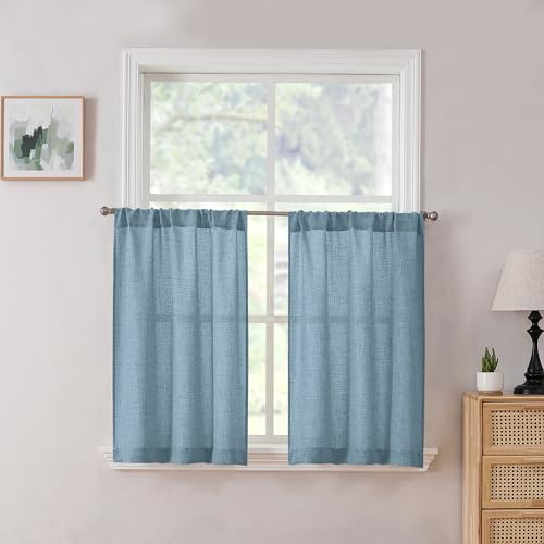 Tollpiz Short Linen Tier Curtains Rod Pocket Semi Sheer Half Kitchen Curtain Burlap Light Filtering Thick Linen Drapes for Bathroom, 30 x 24 inches Long, Dusty Blue, Set of 2 Panels - color: Dusty Blue, size: 30"W x 24"L (Pack of 2)