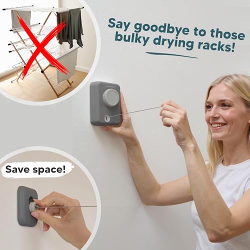 Max – Retractable Clothesline Indoor Outdoor, Non-Sagging Heavy Duty Clothes Drying Line, Wall Mounted Drying Rack, Air Dry Clothing, Max Tighten with GorillaGrip - style: Gray - Upgraded Model