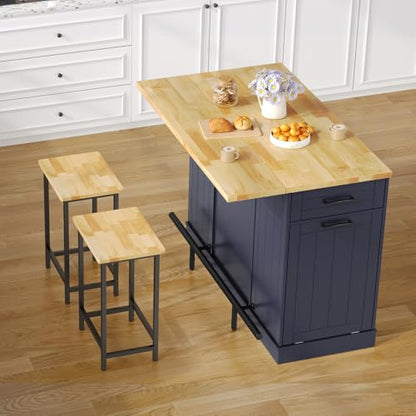 47" Kitchen Island with Seating, Stationary Island Table with Storage Include 2 Chairs, Kitchen Islands with Drop Leaf, Dining Table with Trash Cabinet & Power Outlet & Spice Rack, Blue - color: Blue