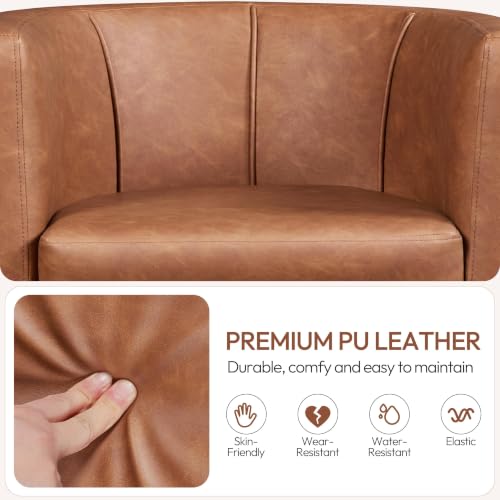 Yaheetech Barrel Accent Chair, Mid Century Armchair, Brown | Faux Leather Chair with High-Density Foam Seat, Upholstered Barrel Sofa Chair for Living Room Bedroom Waiting Room - color: Brown, size: Set of 1