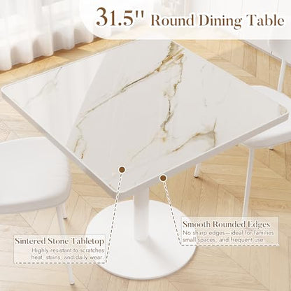 31.5'' Tulip Table, Square Dining Table with Glossy Sintered Stone Tabletop | White Aluminum Alloy Edge & Pedestal, Small Bistro Table for Dining Room/Café/Small Spaces/Restaurant (Calacatta Gold) - color: Calacatta Gold (White Edge), size: Square