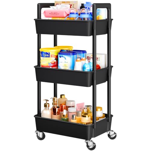 Pipishell 3 Tier Rolling Cart Organizer, Plastic Rolling Cart with Lockable Wheels & Reinforced Handle, Lightweight Utility Storage Cart for Nursery, Kitchen, Craft Room, Black - color: Black, size: 3-Tier
