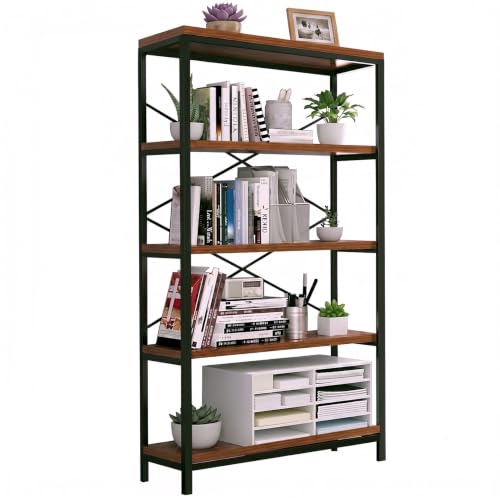Himimi 5 Tier Bookshelf, Heavy Duty Tall Freestanding Storage Bookcase | Industrial Storage Organizer with Metal Frame Shelves, Vintage Display Shelving Units for Living Room, Bedroom & Home Office - size: 5 Tier-1 Pack