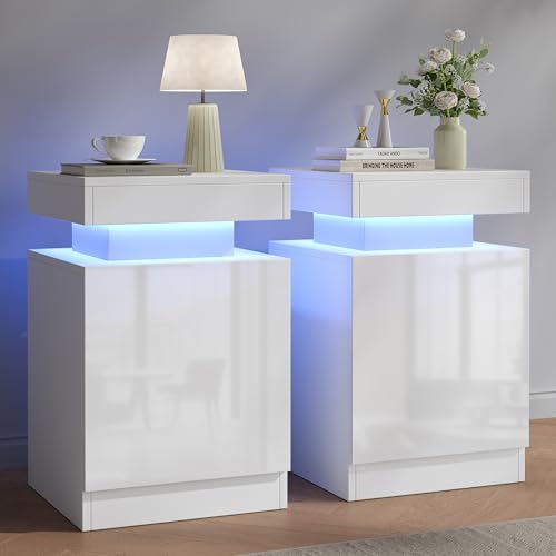 Nightstands Set 2, 15 Inches LED Night Stand Set of 2, Modern Bedside Table with LED Lights, High Gloss Surface, End Table with Storage for Bedroom, White - color: White-15"