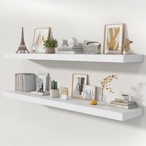 72 Inch Floating Shelves, 12'' Deep White Shelves for Wall Set of 2 | Invisible Brackets, Engineered Wood, Mounting Hardware Included, 60LBS, Bathroom, Laundry Room, Kitchen, Living Room - color: White, size: 72W x 11.6D x 2H, 2 Pack