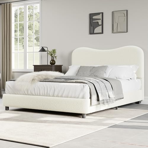 GarveeHome Queen Bed Frame with Boucle Fabric, Beige | Upholstered Headboard, Low Profile, Sturdy Platform Bed, Rounded Corners Design, Noise Free, No Box Spring Needed - color: Beige, size: Queen