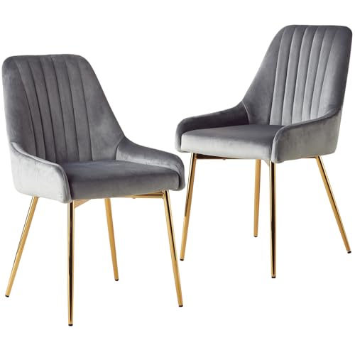Grey Velvet Dining Chairs Set of 2, Modern Kitchen and Vanity Chairs | Modern upholstered vanity chairs with gold metal legs, stain-resistant hand-quilted fabric, high-density foam cushion seat - color: Grey, size: Set of 2