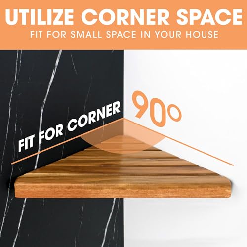 ENKEZI Acacia 2,3 Tiers Corner Shower Shelf, Triangular Corner Shelf Wooden Bathroom Shelf for Tiled Wall, Shower Corner Shelf, No Drilling Requied (3)