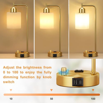 Innqoo Gold Lamp for Bedroom - Industrial Bedside Table Lamp with USB Port and Outlet, Fully Dimmable Nightstand Lamp with Opal Glass Shade, Small Desk Lamps for Home Office - color: Gold Base&Opal Shade