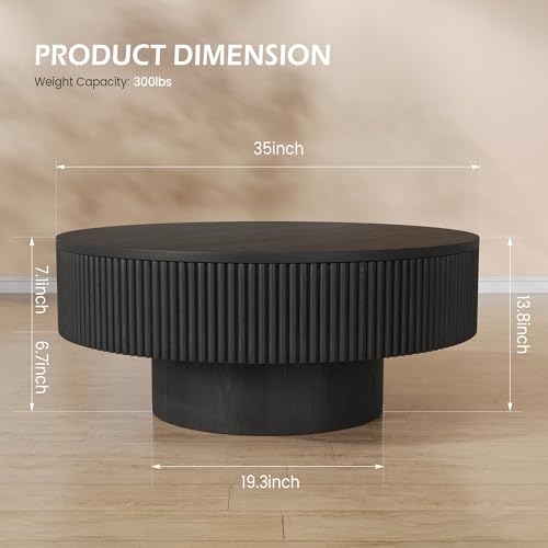 YOUDENOVA 35” Round Fluted Coffee Table, Modern Wood Circle Coffee Table, Veneer Handcrafted Relief Tea Table with Sturdy Pedestal for Living Room - Black - color: 35" Black-round