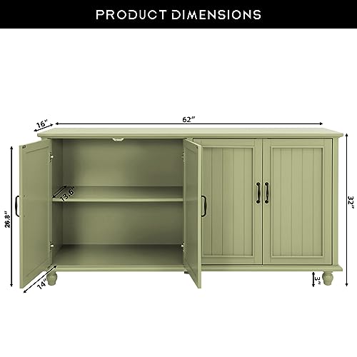 Sideboard Buffet Cabinet with 4 Doors, Vintage Coffee Bar Station, Green | Farmhouse Storage Cabinet for Dining Room and Kitchen, 62'' Large TV Stand with Adjustable Shelf, Heavy Duty, Painted Finish - color: Green, size: 4 Doors