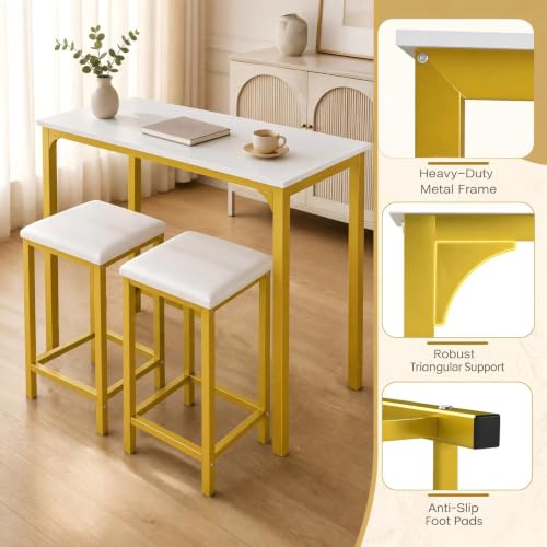 COSTWAY Dining Table Set, Counter Height Table & 2 Upholstered Stools | White & Gold, PU Leather Seats, Metal Frame, Modern, Space-Saving for Small Space Dorm & Kitchen Island - color: White & Gold