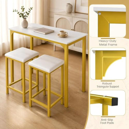 COSTWAY Dining Table Set, Counter Height Table & 2 Upholstered Stools | White & Gold, PU Leather Seats, Metal Frame, Modern, Space-Saving for Small Space Dorm & Kitchen Island - color: White & Gold