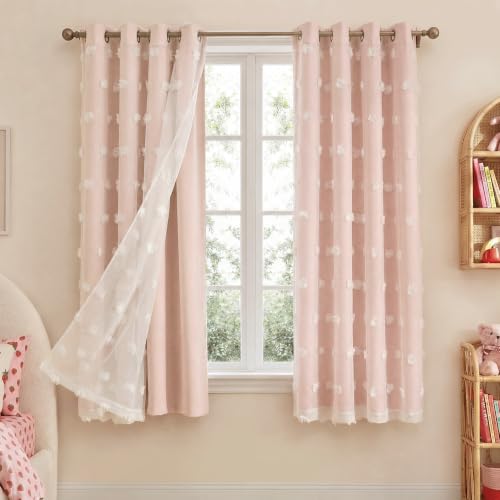 NICETOWN Pink Pom Pom Kids Curtains 63 inches Long, Room Darkening Double Layer Sheer Drapes for Girls Bedroom, Thermal Insulated Window Treatments for Nursery, W52 x L63, 2 Panels - color: Pink, size: 52"W x 63"L (Pack of 2)