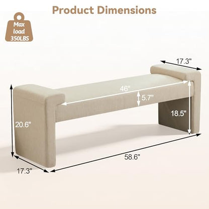 Upholstered Entryway Bench, 58.7" Modern Bedroom Bench, Camel | Curved Armrests, Solid Wood Frame, End of Bed, Bedroom, Living Room, Hallway - color: Tan-linen, size: 58.7"
