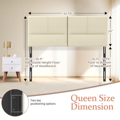 Upholstered Headboard Queen Size, Solid Wood Head Board with Sturdy Metal Legs, Leather Bed Headboard with Height Adjustable, Beige - color: Beige Gray, size: Queen