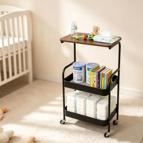 3 Tier Metal Storage Utility Cart with Wooden Top, Rolling Home Organizer | Stable and Sturdy, 2 Lockable Wheels, Multi-Purpose for Snacks, Coffee, Craft, Makeup, Garage, Bedside, Kitchen, Office