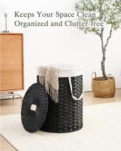SETVSON Laundry Hamper with Lid 23.8 Gal Handwoven Laundry Basket Black | The lid hides dirty clothes, keeping spaces neat and fresh. 90 L Large Capacity, Stylish Design with Handles Easy Transport - color: Black, size: 90 L