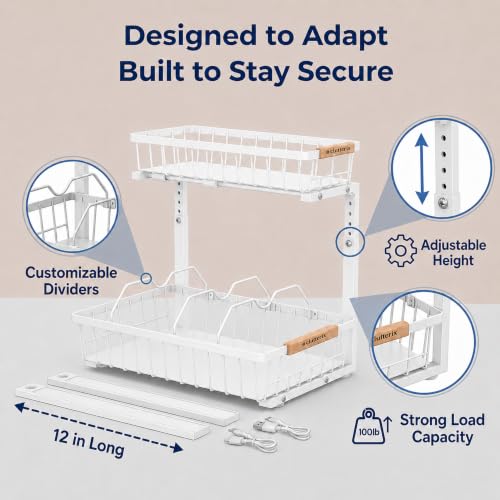 Under Sink Organizer with Motion-Activated LED Lights, 2 Pack, 2 Tier Sliding L-Shaped Carbon Steel Rack with Adjustable Height, Dividers & Hooks (White) - color: White