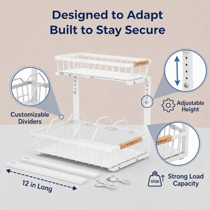 Under Sink Organizer with Motion-Activated LED Lights, 2 Pack, 2 Tier Sliding L-Shaped Carbon Steel Rack with Adjustable Height, Dividers & Hooks (White) - color: White