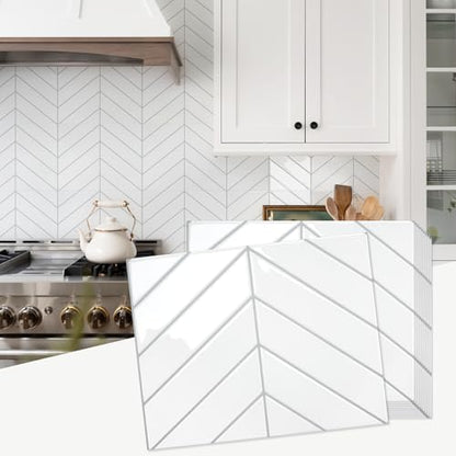 STICKGOO Herringbone Peel and Stick Backsplash, White/Grey Grout, 10 Sheets | 12.6 x 9.7 in, Thicker Rectangular Vinyl Stick-On Wall Tiles, Easy Alignment, Waterproof, Easy to Clean, Kitchen/Bathroom - color: White With Grey Grout, size: Pack of 10