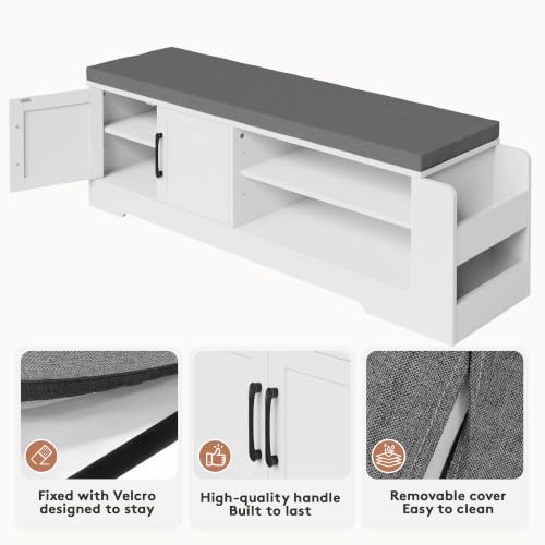 Farmhouse Shoe Storage Bench with 3-in-1 Entryway Storage & Padded Seat | 47.3" Wide Entryway Bench with Adjustable Shelves, Shoe Organizer & Side Storage Rack for Living Room, Bedroom, White - size: 47.3" Wide