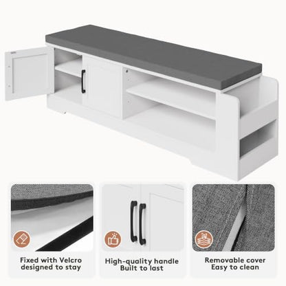 Farmhouse Shoe Storage Bench with 3-in-1 Entryway Storage & Padded Seat | 47.3" Wide Entryway Bench with Adjustable Shelves, Shoe Organizer & Side Storage Rack for Living Room, Bedroom, White - size: 47.3" Wide