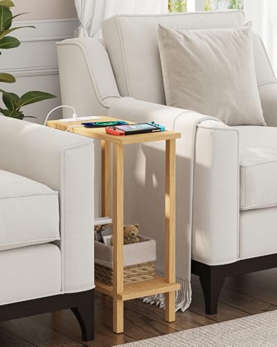 TUTOTAK Narrow Side Table, 2-Tier Small End Table with Charging Station | Skinny Sofa Table, Slim Nightstand, Easy Assembly for Living Room, Bedroom, Natural TB01BN060 - color: Natural, size: 2-tier