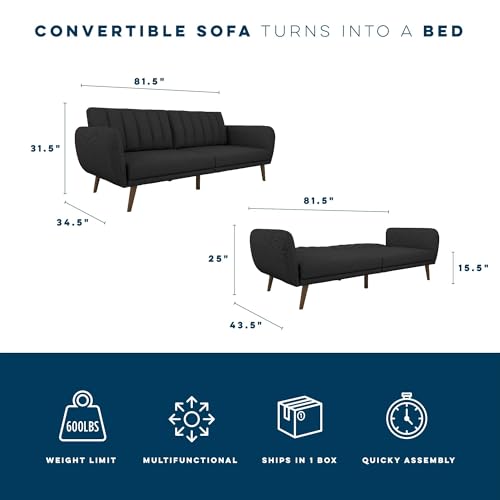 Novogratz Brittany 82 Inch Futon Sofa Bed in Faux Leather, Upholstered Couch Sleeper with Tufted Back, Mid-Century Modern Design, Dark Gray - color: Dark Gray