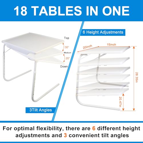 Height Adjustable Folding TV Tray Table, 6 Positions, 20x15in | 52-72cm Height Range, 3 Tilt Angles 30/60/90°, Max 10kg Load, Tool-Free Assembly, Dorm, Bedroom, Office