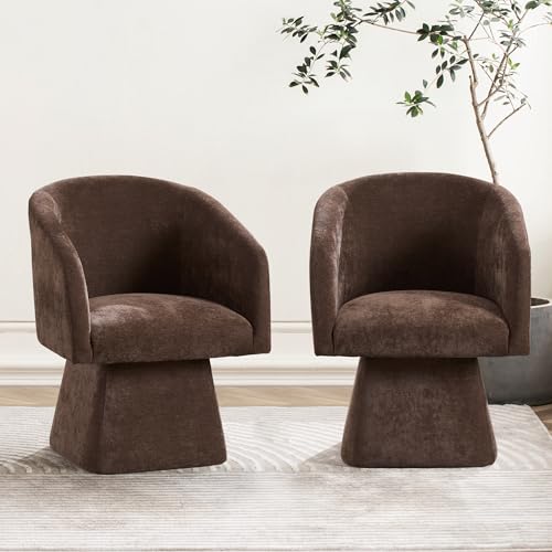Swivel Modern Accent Chair,Luxury Fabric Upholstered Makeup Chair Comfy Barrel Chair with No Wheels,360°Rotating Vanity Armchair for Living Room Bedroom Office(Brown,Set of 2) - color: Brown, size: Set of 2