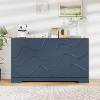 Godchoices 56" Sideboard Buffet Cabinet with Storage, Modern Accent Credenza with Wavy Doors & Adjustable Shelf, Console Cabinet for Kitchen,Living Room,Dining Room,Entryway,Hallway - color: 56" Blue