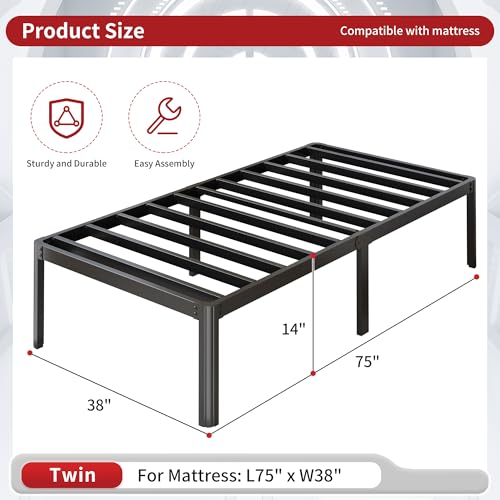 Yicensen 14 Inch Twin Bed Frames Rounded Corner Legs Heavy Duty Platform Twin Metal Bed Frame for Kids, Easy Assembly, Noise Free, No Box Spring Needed, Black. - size: Twin, style: 14 Inch