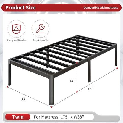 Yicensen 14 Inch Twin Bed Frames Rounded Corner Legs Heavy Duty Platform Twin Metal Bed Frame for Kids, Easy Assembly, Noise Free, No Box Spring Needed, Black. - size: Twin, style: 14 Inch