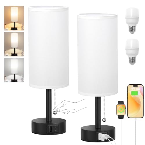 White Bedside Table Lamps Set of 2 - Bedroom Lamp for Desk, USB C+A | 3CCT(3000K/4000K/5000K), LED Bulbs Included, White Fabric Lampshade, 14in Small Lamp for Nightstand, Guest Room, Living Room - color: White Lampshade, size: 14.0in