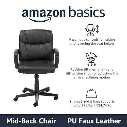 Amazon Basics Office Task Chair with Adjustable Height, 360° Swivel, Padded Armrests, Mid-Back, Rolling, 275 Pound Capacity, 24.2"D x 24"W x 34.8"H, Black Faux Leather - color: Black