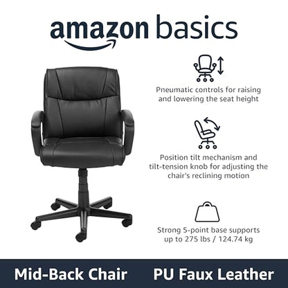 Amazon Basics Office Task Chair with Adjustable Height, 360° Swivel, Padded Armrests, Mid-Back, Rolling, 275 Pound Capacity, 24.2"D x 24"W x 34.8"H, Black Faux Leather - color: Black