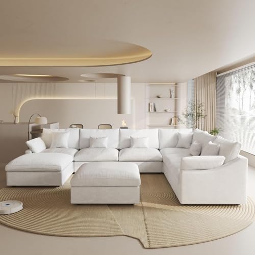 Cloud Modular Sectional Couch for Living Room, Convertible Wide Deep Seat Sleeper Sofa with Ottomans, 8 Seater Living Room Sofa Furniture Set,Covers Washable&Replaceable, White - color: White, size: 8 Seater