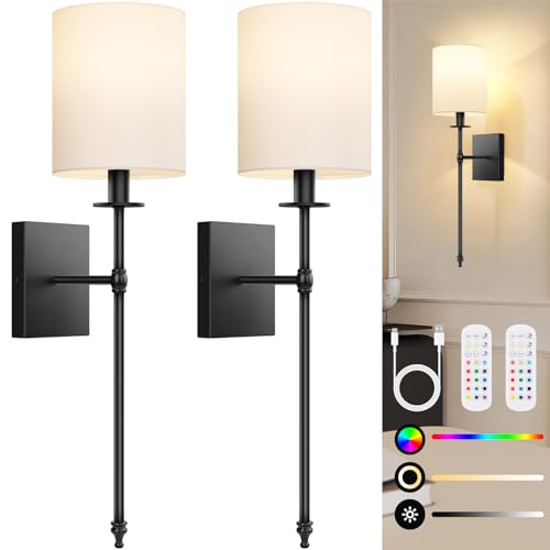 27 Inch Black Battery Operated Wall Sconces Set of 2, Rechargeable Wireless Wall Lights with Remote & White Fabric Shade, Indoor Not Hardwired Dimmable Wall Lamps for Hallway, 2 Bulbs Included - color: Black and White, size: 27 inch