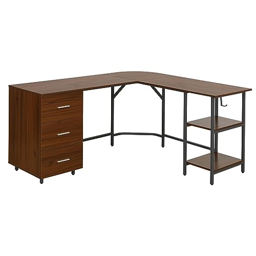 Techni Mobili L Shaped Desk - Two-Toned Computer Desks for Home Office with Storage Shelves & Cabinet - Simple Modern Furniture & Office Space Corner Table for Work & Writing - Grey & Walnut | 59" two‑tone L‑shaped desk with storage shelves, durable frame