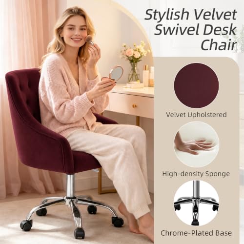 MOJAY Velvet Office Swivel Chair, Vanity Fabric Desk Pretty Fancy Gold Office Chairs for Girls, 360°Swivel Height Adjustable Reception Chair (Burgundy) - color: Burgundy