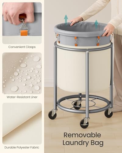 SONGMICS Laundry Basket, Rolling Steel Frame with 2 Locking Wheels, 110 L | Heavy-Duty Laundry Hamper Cart with Removable Bag, Dove Gray and Cream White, URLS002GD02 - color: Dove Gray + Cream White, size: 110 L (1-Section)
